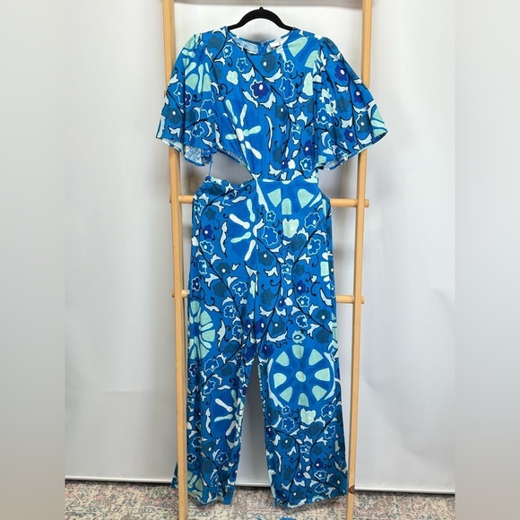 RHODE Blue Floral Linen blend wide leg  flutter sleeve Jumpsuit size S - Picture 9 of 13